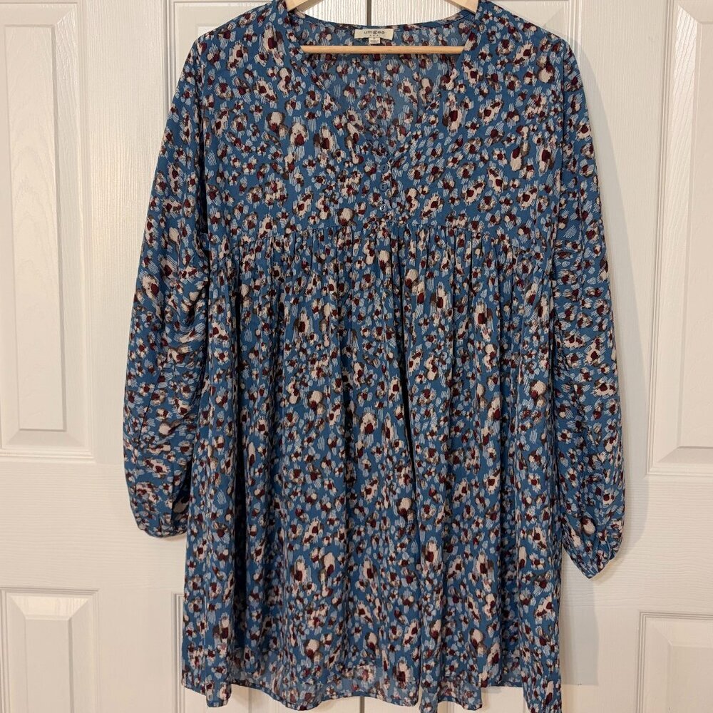 Boho Mini Peasant Baby Doll Dress Tunic Blue Mixed Print Size Small